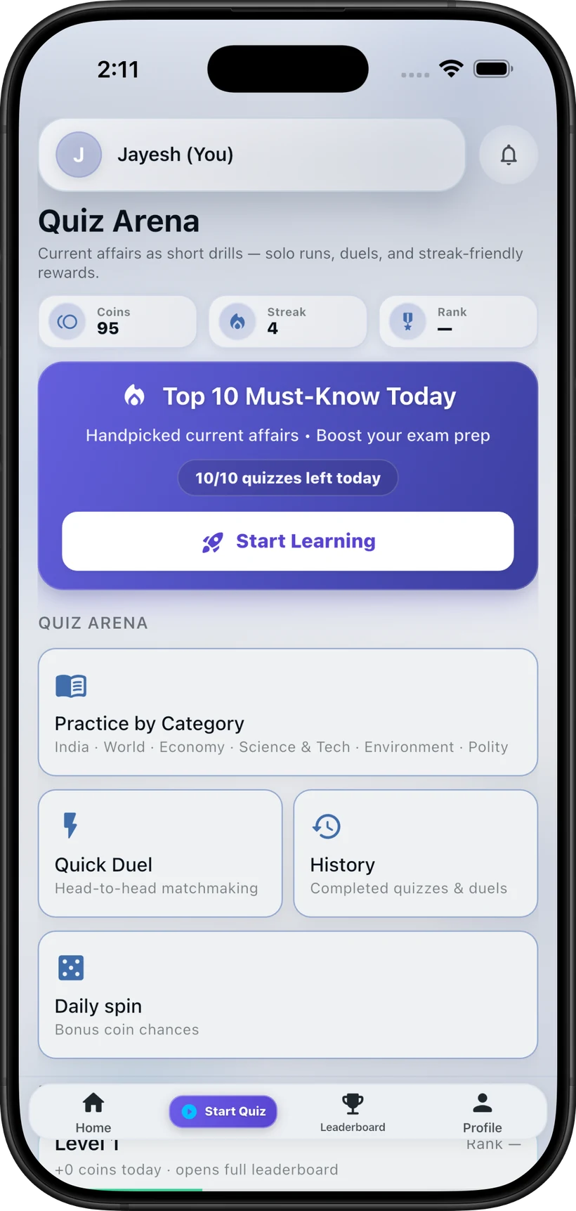 Quiz Arena in SudoNews, showing coins, a login streak, rank and a Top 10 Must-Know Today set.